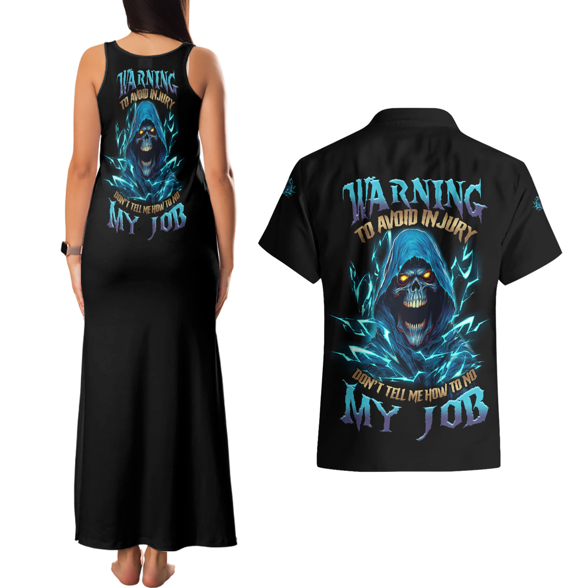 Warning To Avoid Injury Mad Reaper Skull Couples Matching Tank Maxi Dress and Hawaiian Shirt - Wonder Print Shop