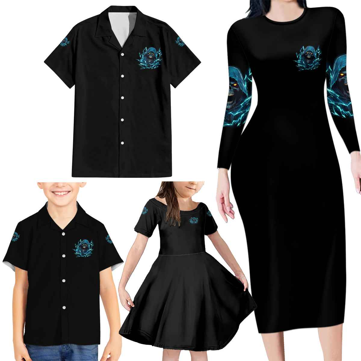 Warning To Avoid Injury Mad Reaper Skull Family Matching Long Sleeve Bodycon Dress and Hawaiian Shirt - Wonder Print Shop