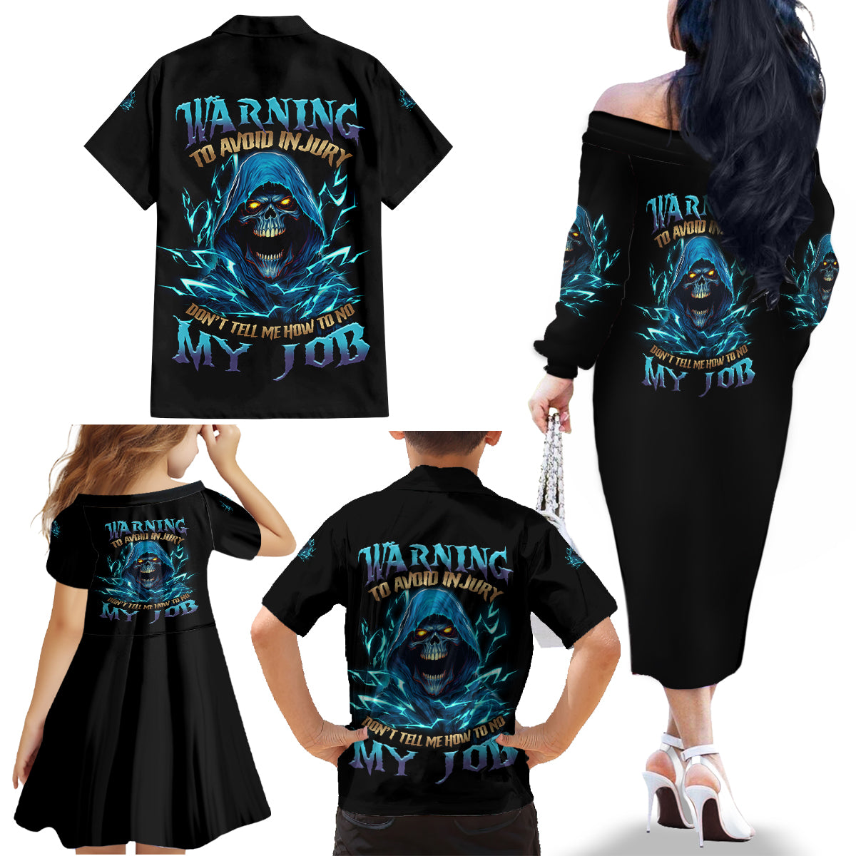 Warning To Avoid Injury Mad Reaper Skull Family Matching Off Shoulder Long Sleeve Dress and Hawaiian Shirt - Wonder Print Shop