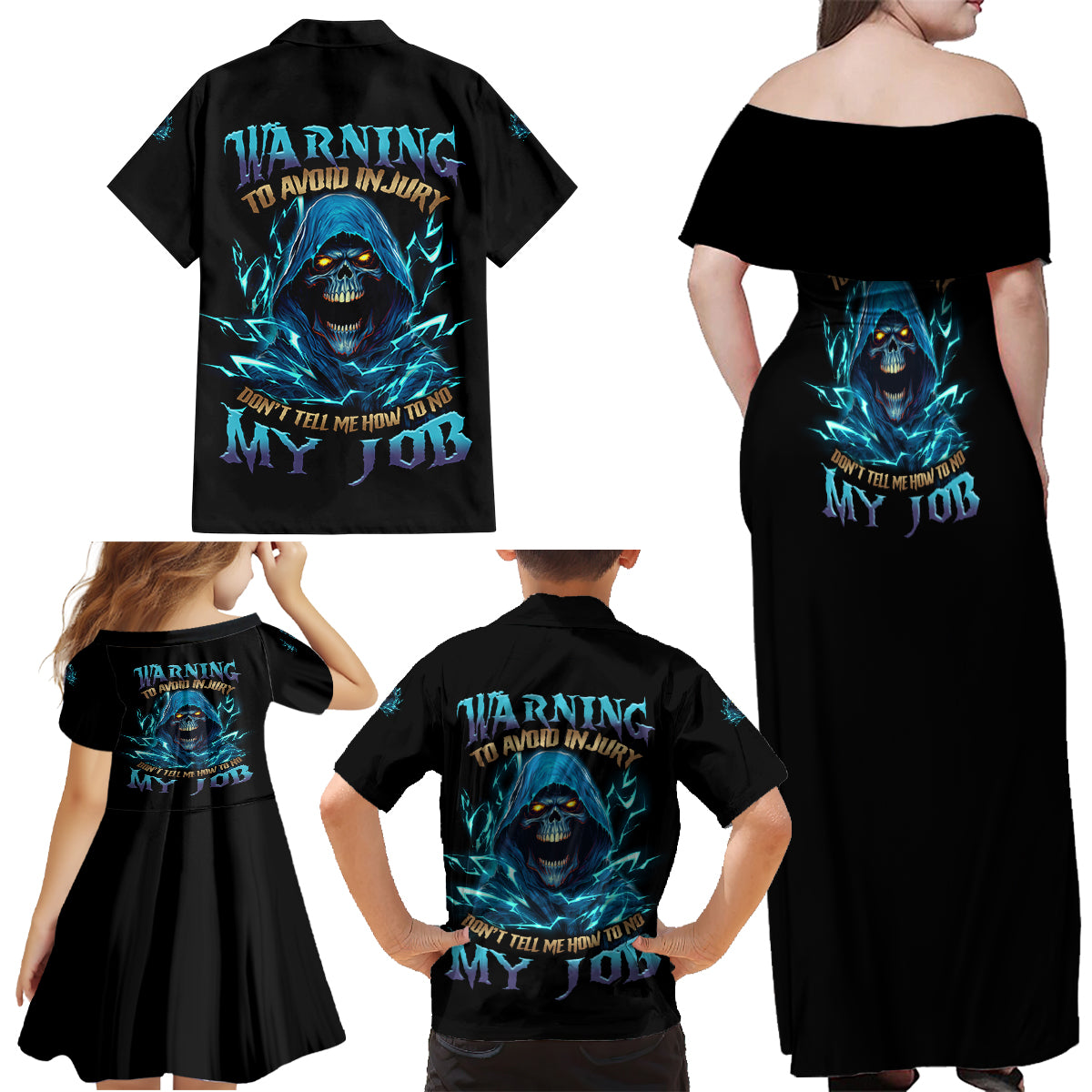Warning To Avoid Injury Mad Reaper Skull Family Matching Off Shoulder Maxi Dress and Hawaiian Shirt - Wonder Print Shop