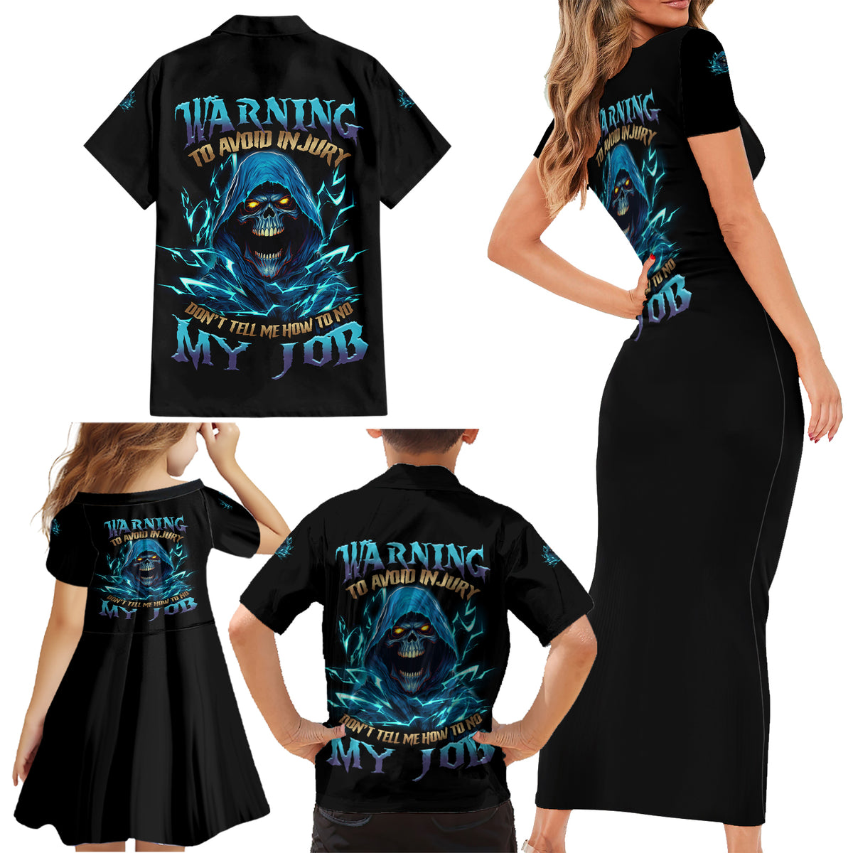 Warning To Avoid Injury Mad Reaper Skull Family Matching Short Sleeve Bodycon Dress and Hawaiian Shirt - Wonder Print Shop