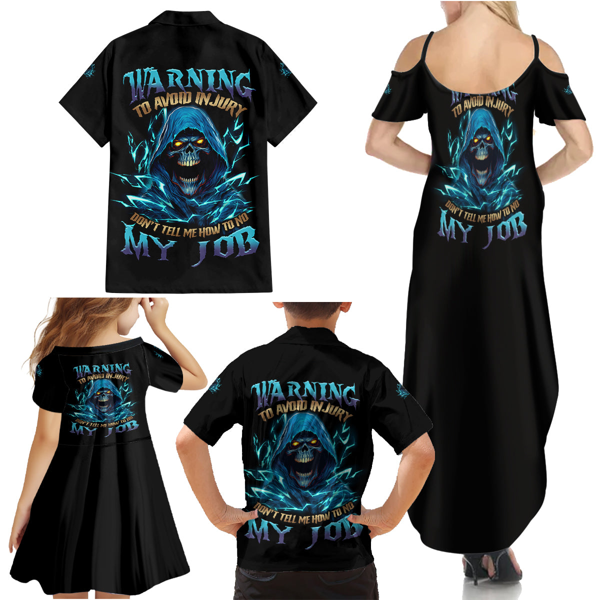 Warning To Avoid Injury Mad Reaper Skull Family Matching Summer Maxi Dress and Hawaiian Shirt - Wonder Print Shop