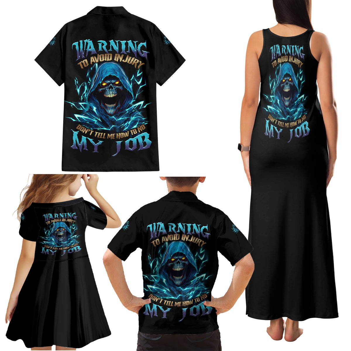 Warning To Avoid Injury Mad Reaper Skull Family Matching Tank Maxi Dress and Hawaiian Shirt - Wonder Print Shop