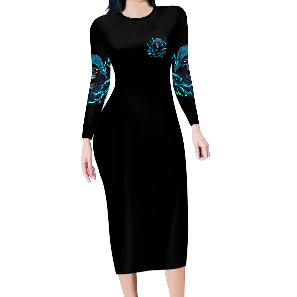Warning To Avoid Injury Mad Reaper Skull Long Sleeve Bodycon Dress - Wonder Print Shop
