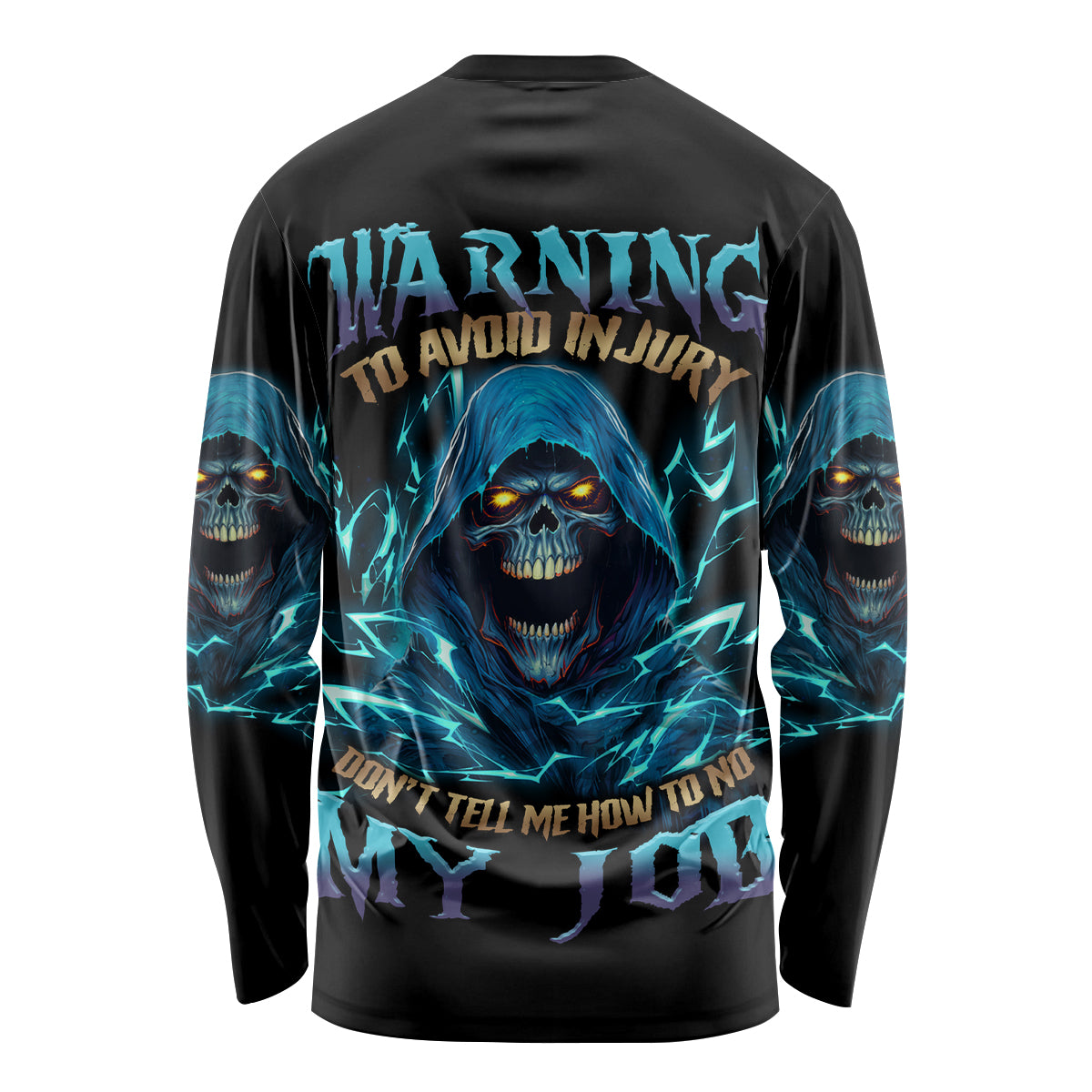 Warning To Avoid Injury Mad Reaper Skull Long Sleeve Shirt - Wonder Print Shop