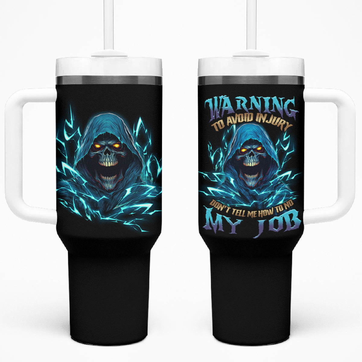 Warning To Avoid Injury Mad Reaper Skull Tumbler With Handle - Wonder Print Shop