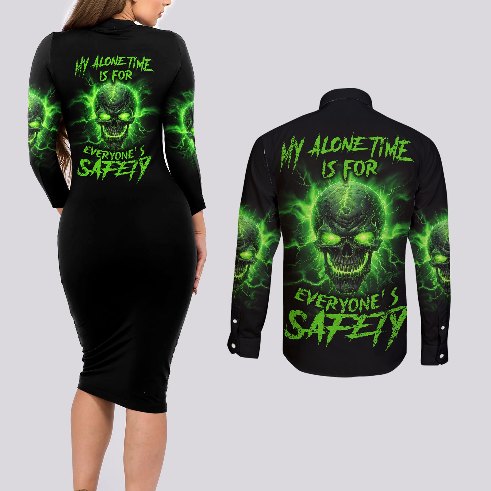 My Alone Time Is For Everyone's Safety Couples Matching Long Sleeve Bodycon Dress and Long Sleeve Button Shirt - Wonder Print Shop