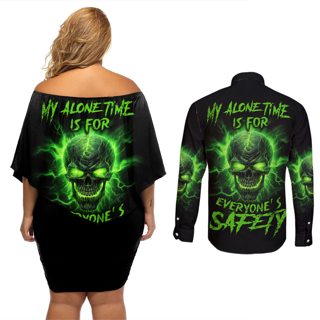 My Alone Time Is For Everyone's Safety Couples Matching Off Shoulder Short Dress and Long Sleeve Button Shirt - Wonder Print Shop