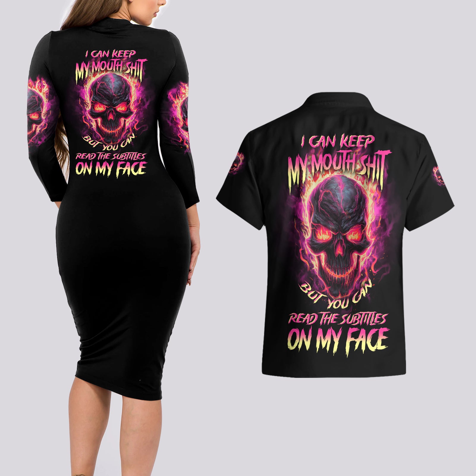 I Can Keep My Mouth Couples Matching Long Sleeve Bodycon Dress and Hawaiian Shirt - Wonder Print Shop