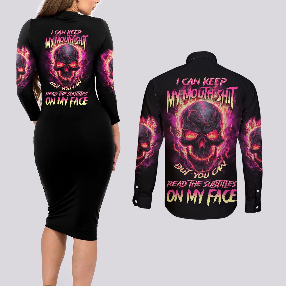 I Can Keep My Mouth Couples Matching Long Sleeve Bodycon Dress and Long Sleeve Button Shirt - Wonder Print Shop