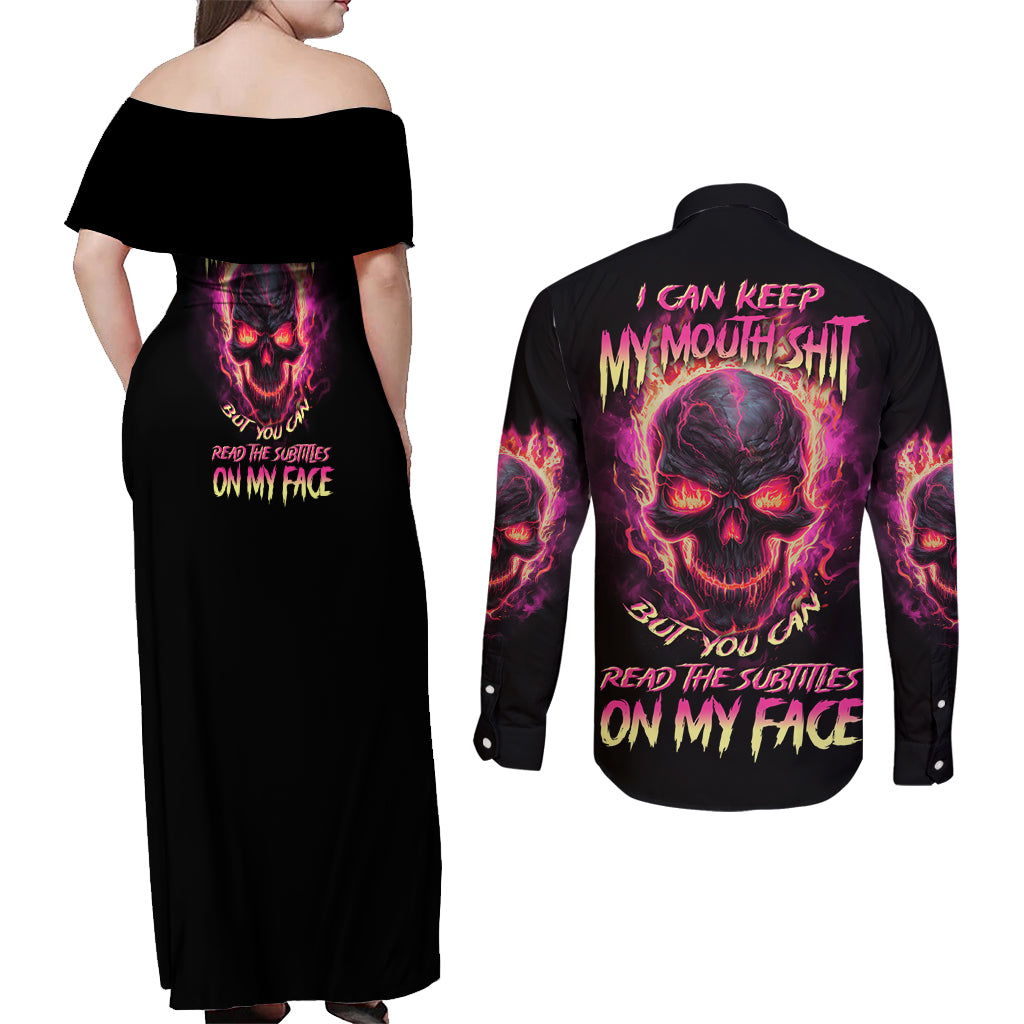I Can Keep My Mouth Couples Matching Off Shoulder Maxi Dress and Long Sleeve Button Shirt - Wonder Print Shop
