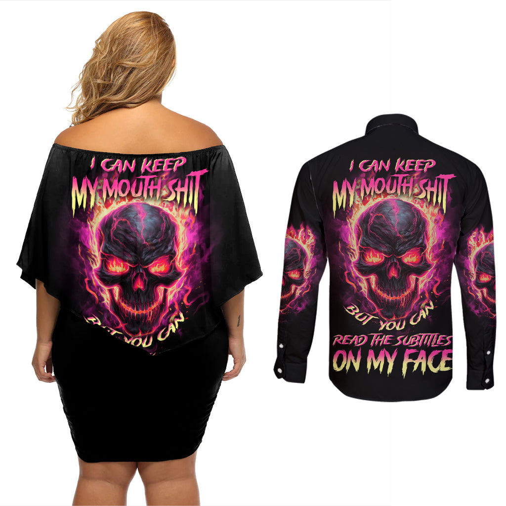 I Can Keep My Mouth Couples Matching Off Shoulder Short Dress and Long Sleeve Button Shirt - Wonder Print Shop