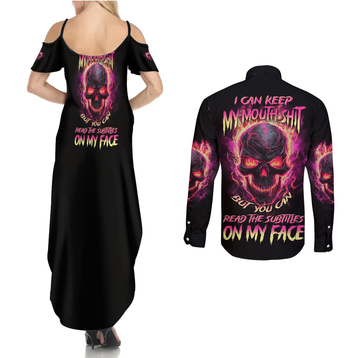 I Can Keep My Mouth Couples Matching Summer Maxi Dress and Long Sleeve Button Shirt - Wonder Print Shop