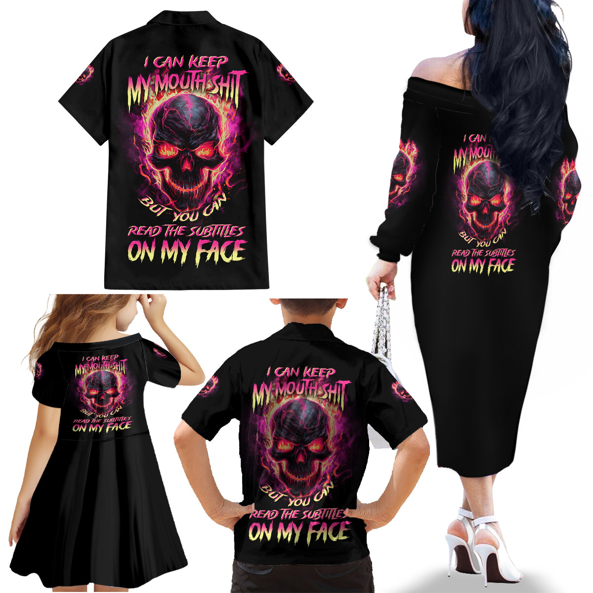 I Can Keep My Mouth Family Matching Off Shoulder Long Sleeve Dress and Hawaiian Shirt - Wonder Print Shop