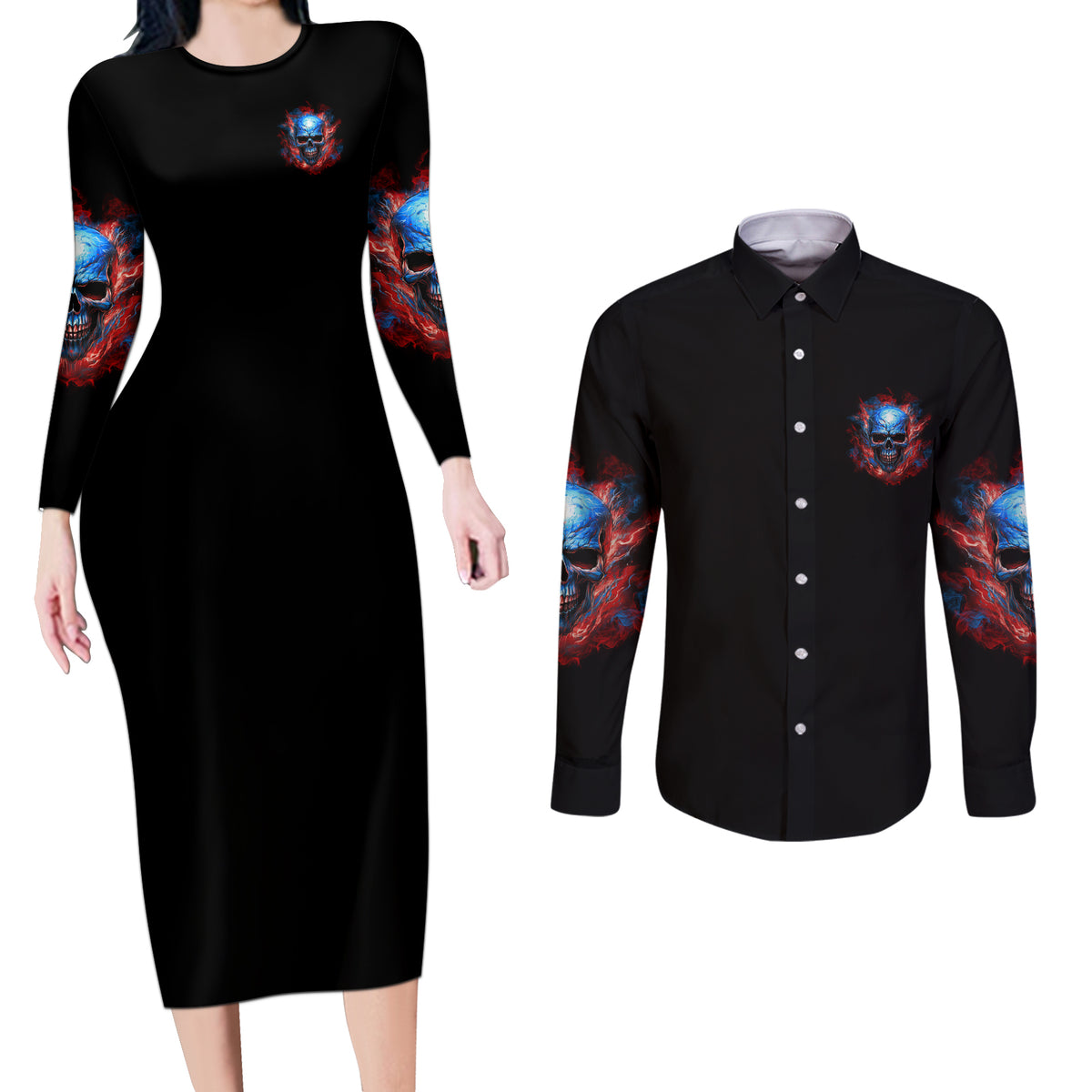Your Demons Hide Under Your Bed Skull Couples Matching Long Sleeve Bodycon Dress and Long Sleeve Button Shirt - Wonder Print Shop