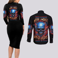 Your Demons Hide Under Your Bed Skull Couples Matching Long Sleeve Bodycon Dress and Long Sleeve Button Shirt - Wonder Print Shop