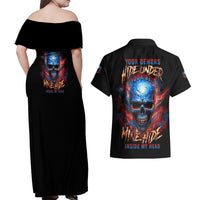 Your Demons Hide Under Your Bed Skull Couples Matching Off Shoulder Maxi Dress and Hawaiian Shirt - Wonder Print Shop