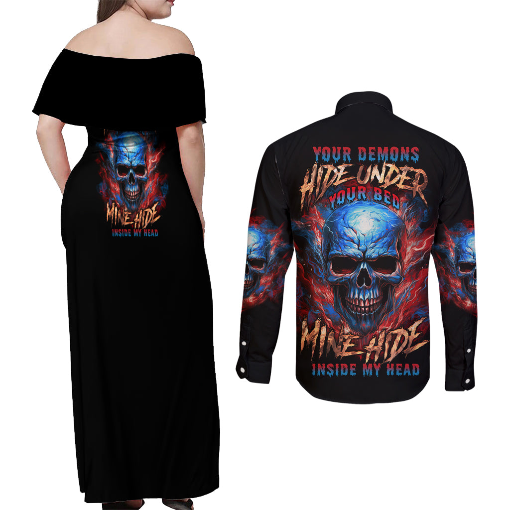 Your Demons Hide Under Your Bed Skull Couples Matching Off Shoulder Maxi Dress and Long Sleeve Button Shirt - Wonder Print Shop