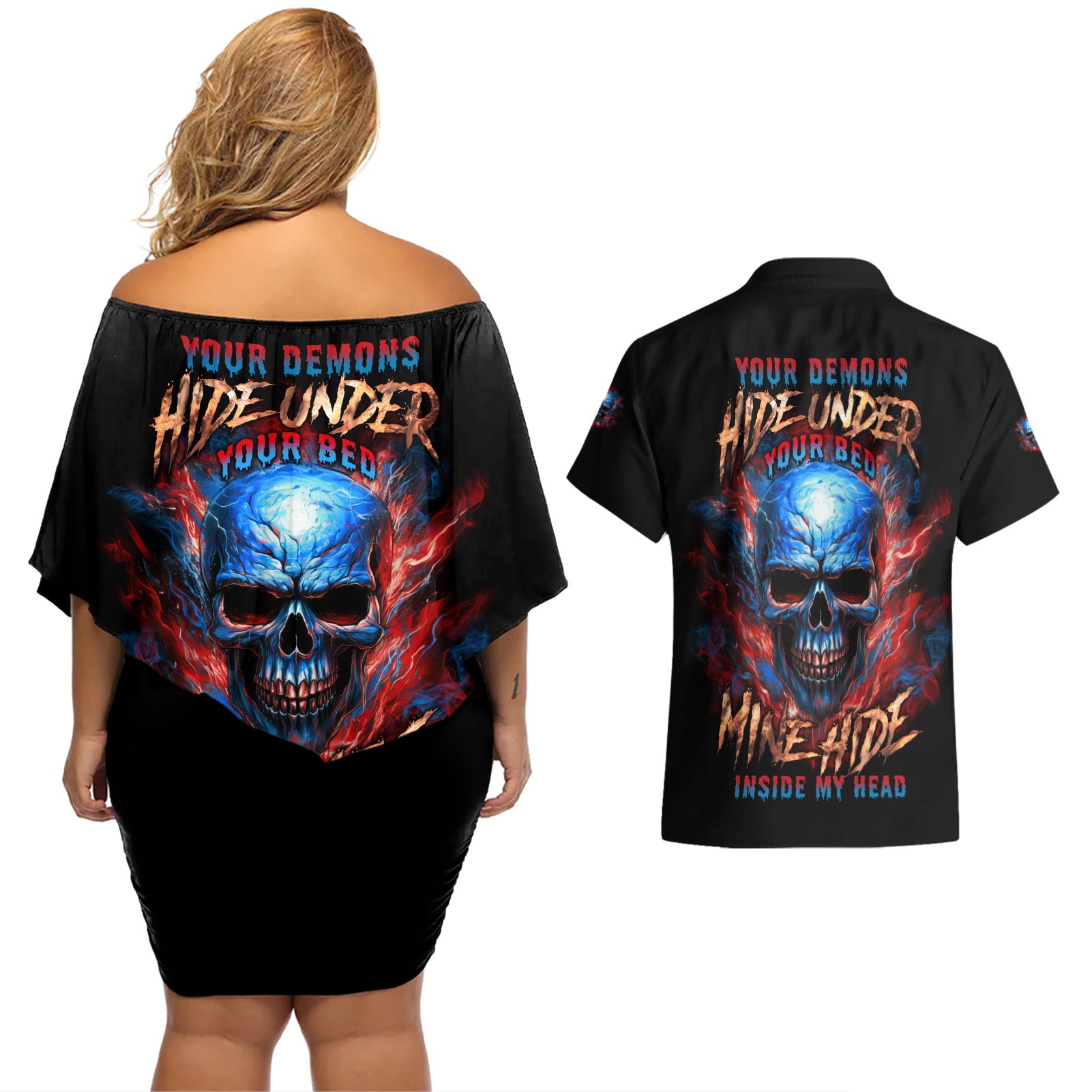Your Demons Hide Under Your Bed Skull Couples Matching Off Shoulder Short Dress and Hawaiian Shirt - Wonder Print Shop