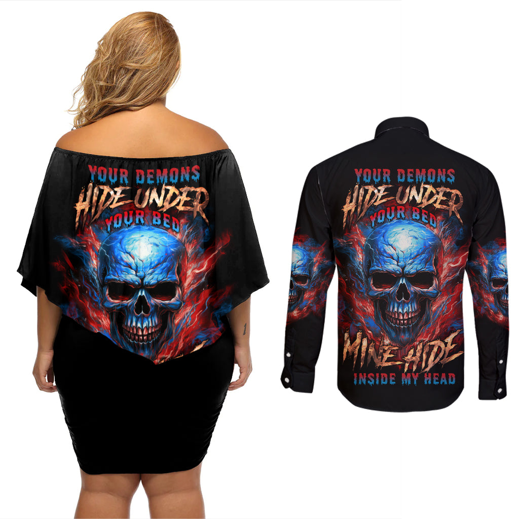 Your Demons Hide Under Your Bed Skull Couples Matching Off Shoulder Short Dress and Long Sleeve Button Shirt - Wonder Print Shop