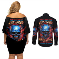 Your Demons Hide Under Your Bed Skull Couples Matching Off Shoulder Short Dress and Long Sleeve Button Shirt - Wonder Print Shop