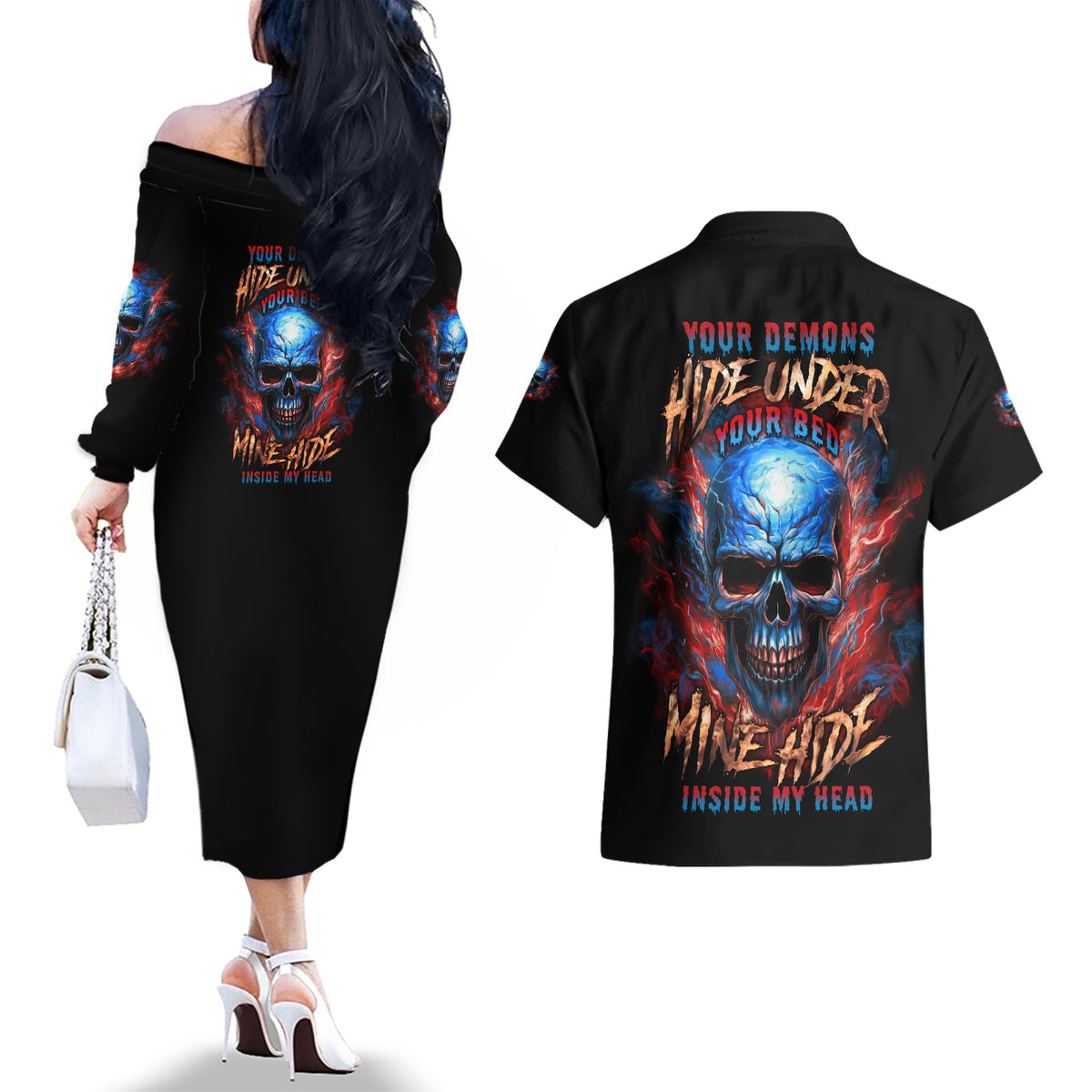 Your Demons Hide Under Your Bed Skull Couples Matching Off The Shoulder Long Sleeve Dress and Hawaiian Shirt - Wonder Print Shop