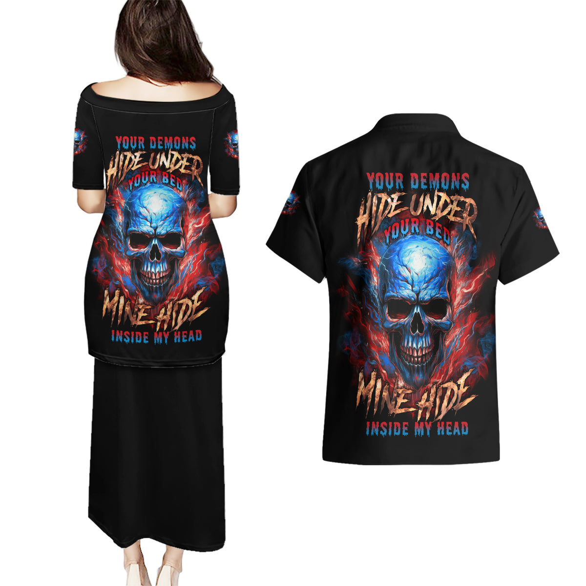 Your Demons Hide Under Your Bed Skull Couples Matching Puletasi Dress and Hawaiian Shirt - Wonder Print Shop