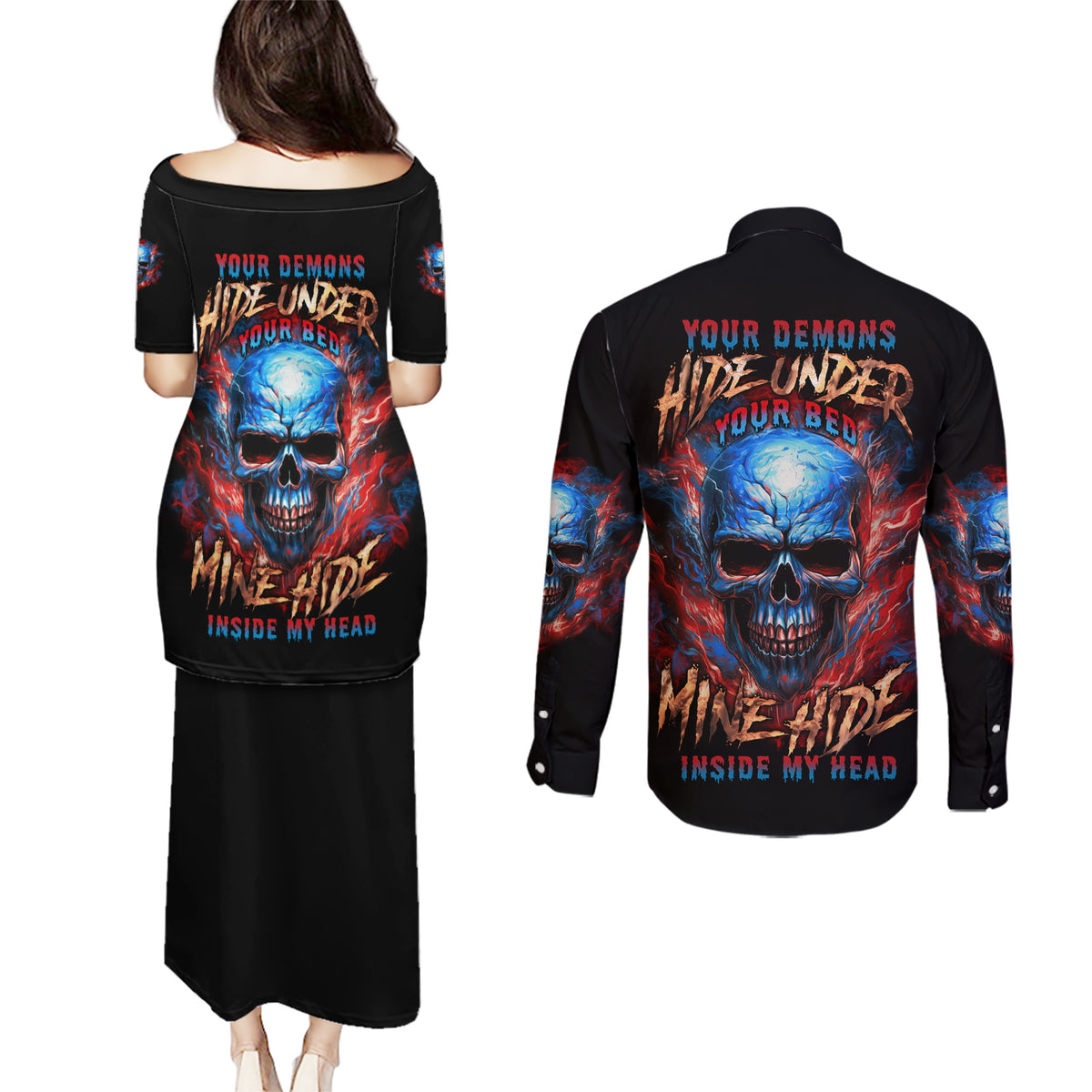 Your Demons Hide Under Your Bed Skull Couples Matching Puletasi Dress and Long Sleeve Button Shirt - Wonder Print Shop