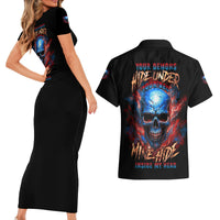 Your Demons Hide Under Your Bed Skull Couples Matching Short Sleeve Bodycon Dress and Hawaiian Shirt - Wonder Print Shop
