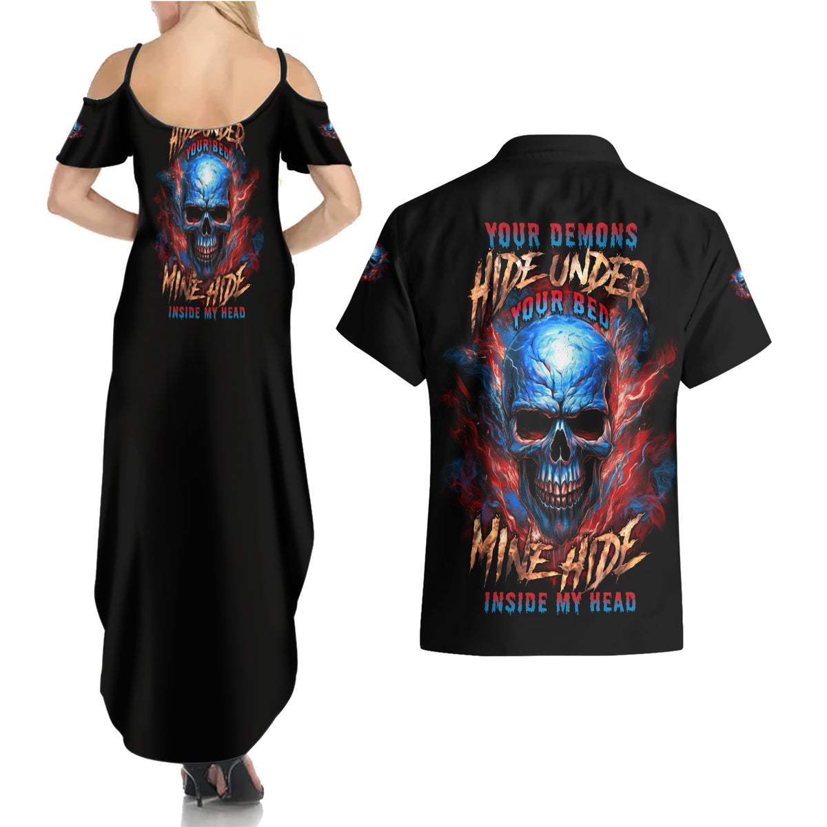 Your Demons Hide Under Your Bed Skull Couples Matching Summer Maxi Dress and Hawaiian Shirt - Wonder Print Shop