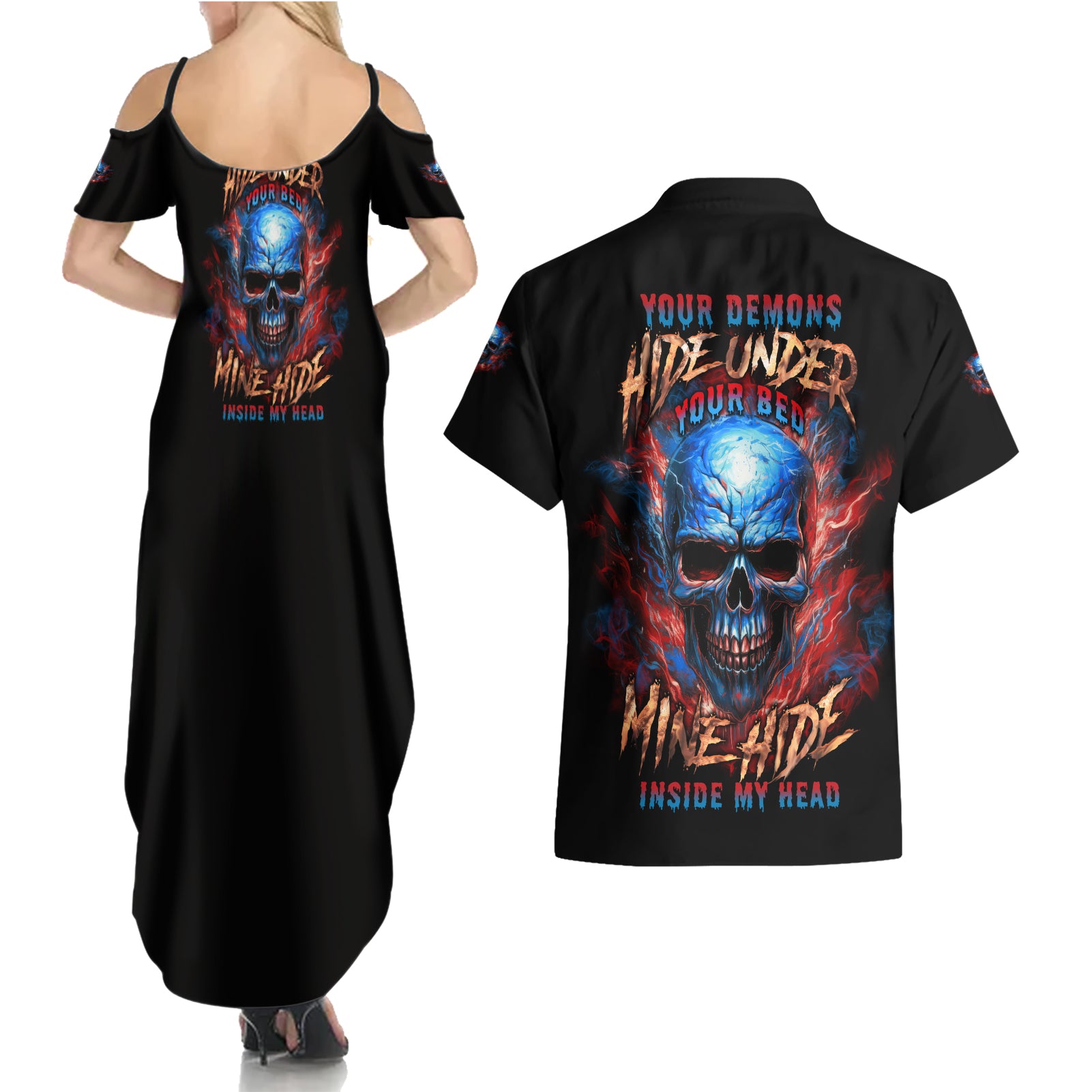 Your Demons Hide Under Your Bed Skull Couples Matching Summer Maxi Dress and Hawaiian Shirt - Wonder Print Shop