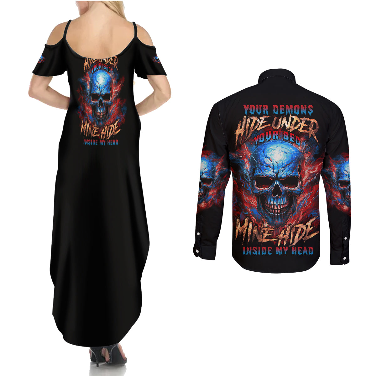 Your Demons Hide Under Your Bed Skull Couples Matching Summer Maxi Dress and Long Sleeve Button Shirt - Wonder Print Shop