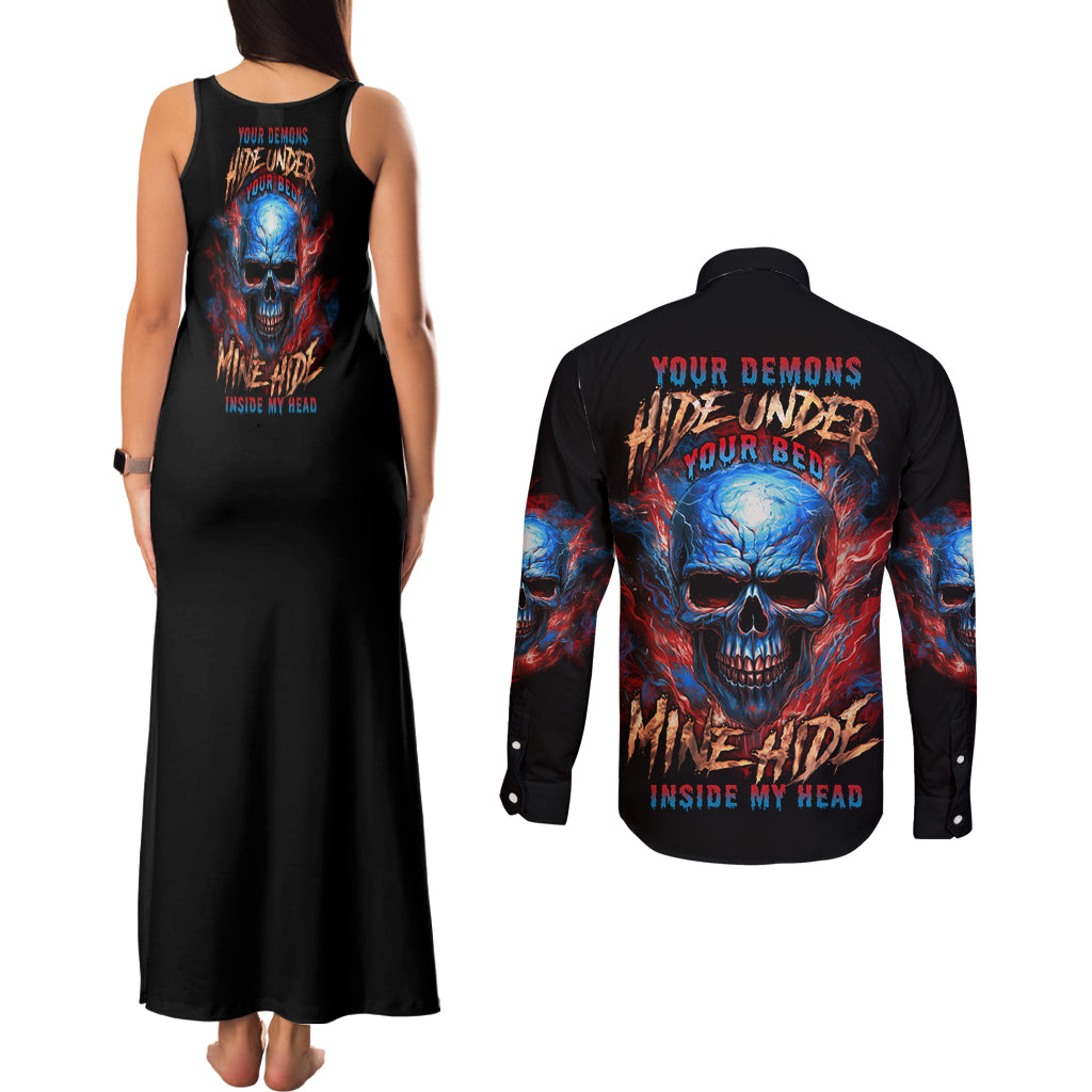 Your Demons Hide Under Your Bed Skull Couples Matching Tank Maxi Dress and Long Sleeve Button Shirt - Wonder Print Shop