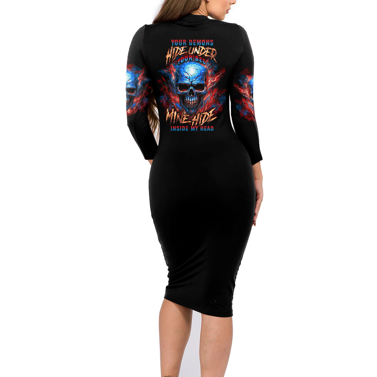 Your Demons Hide Under Your Bed Skull Family Matching Long Sleeve Bodycon Dress and Hawaiian Shirt - Wonder Print Shop