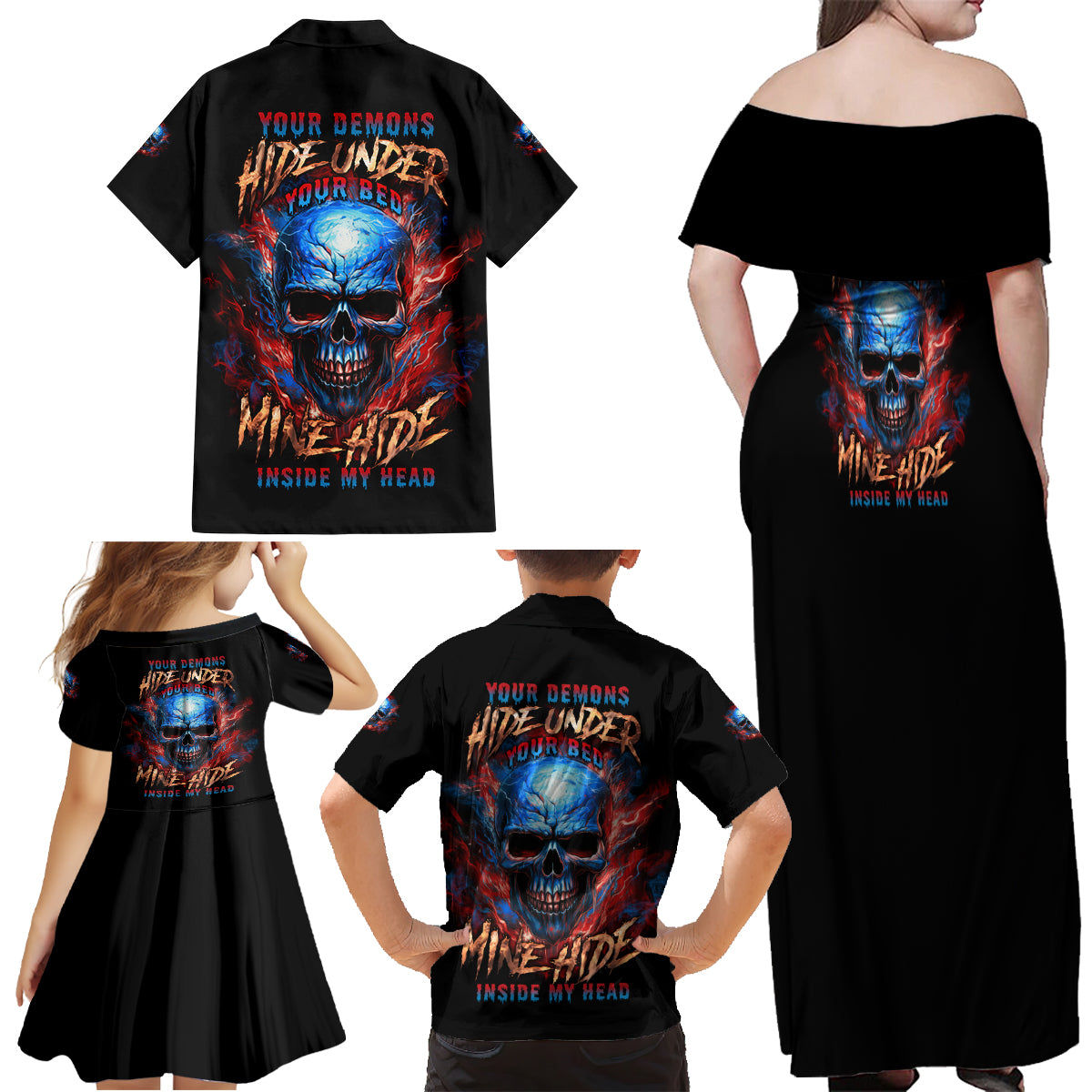 Your Demons Hide Under Your Bed Skull Family Matching Off Shoulder Maxi Dress and Hawaiian Shirt - Wonder Print Shop