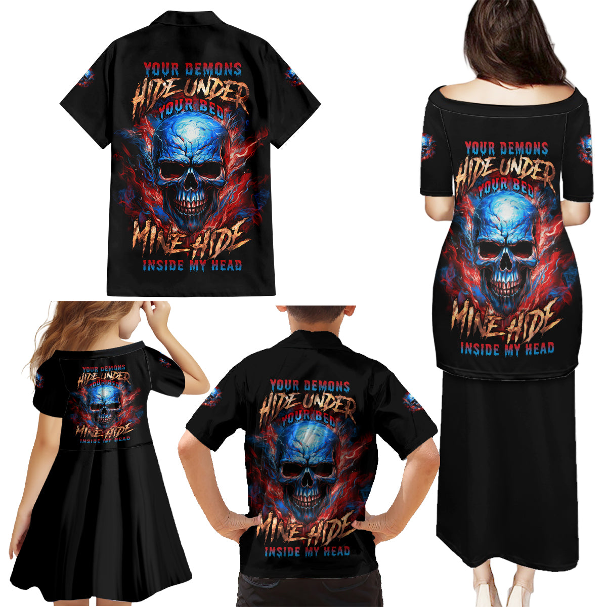 Your Demons Hide Under Your Bed Skull Family Matching Puletasi Dress and Hawaiian Shirt - Wonder Print Shop