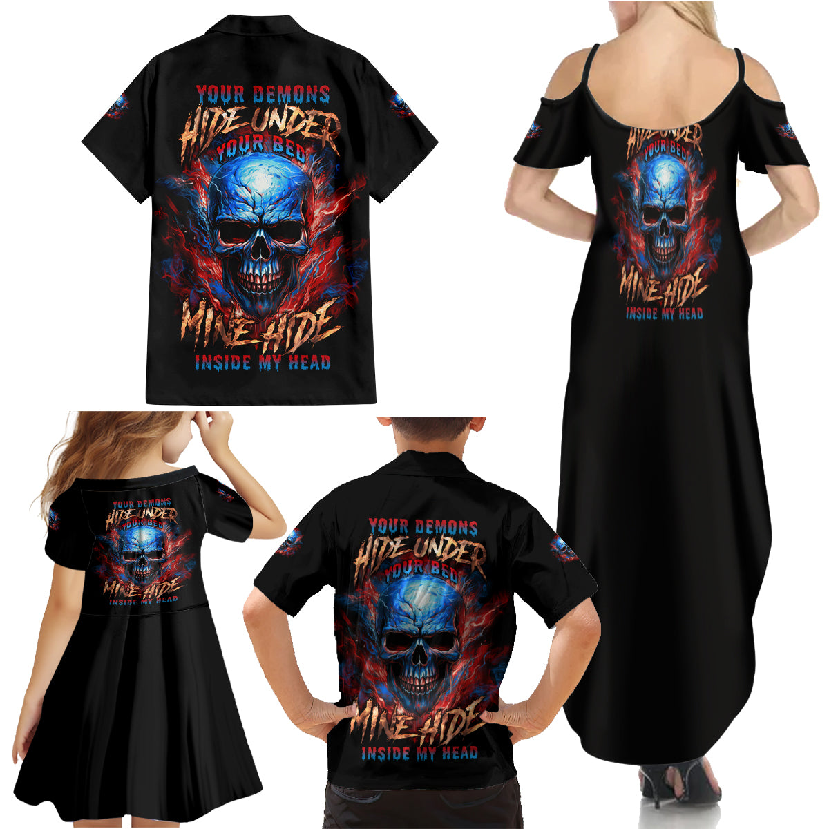 Your Demons Hide Under Your Bed Skull Family Matching Summer Maxi Dress and Hawaiian Shirt - Wonder Print Shop