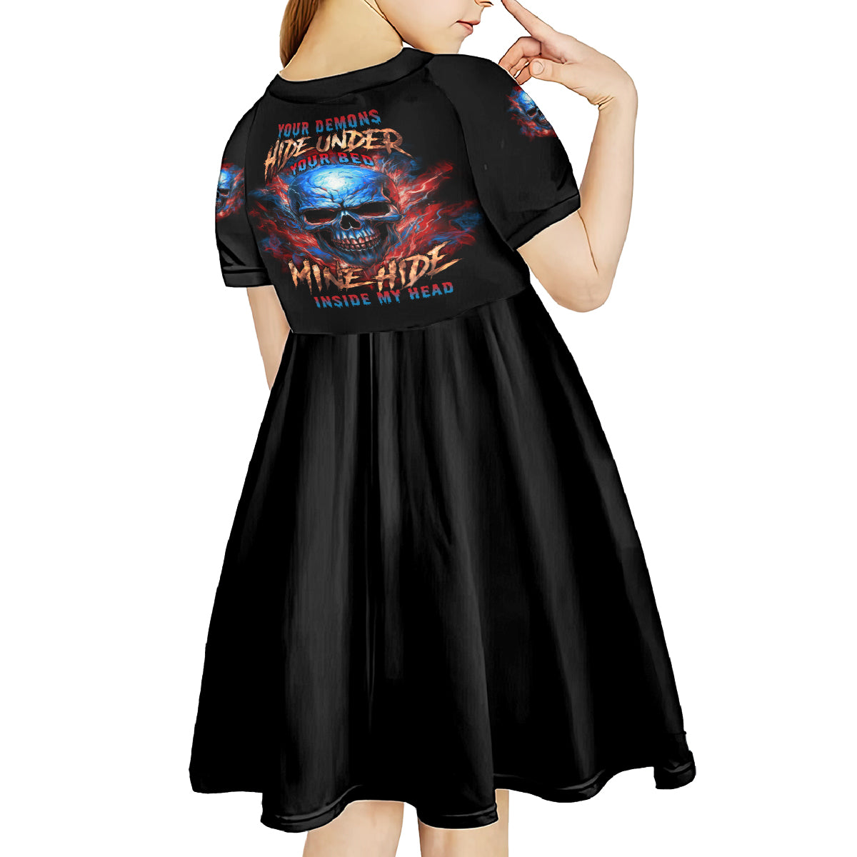 Your Demons Hide Under Your Bed Skull Kid Short Sleeve Dress - Wonder Print Shop