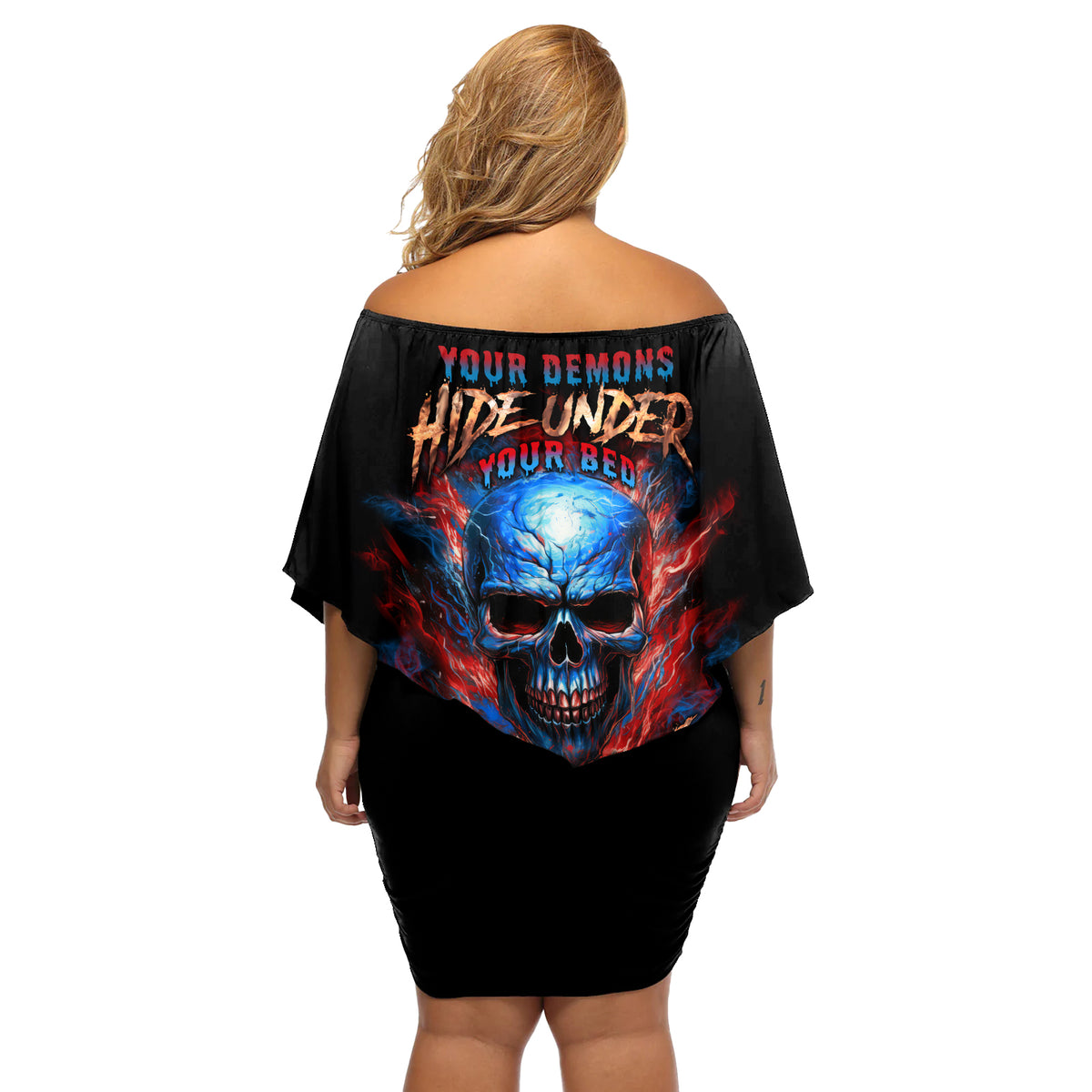 Your Demons Hide Under Your Bed Skull Off Shoulder Short Dress - Wonder Print Shop