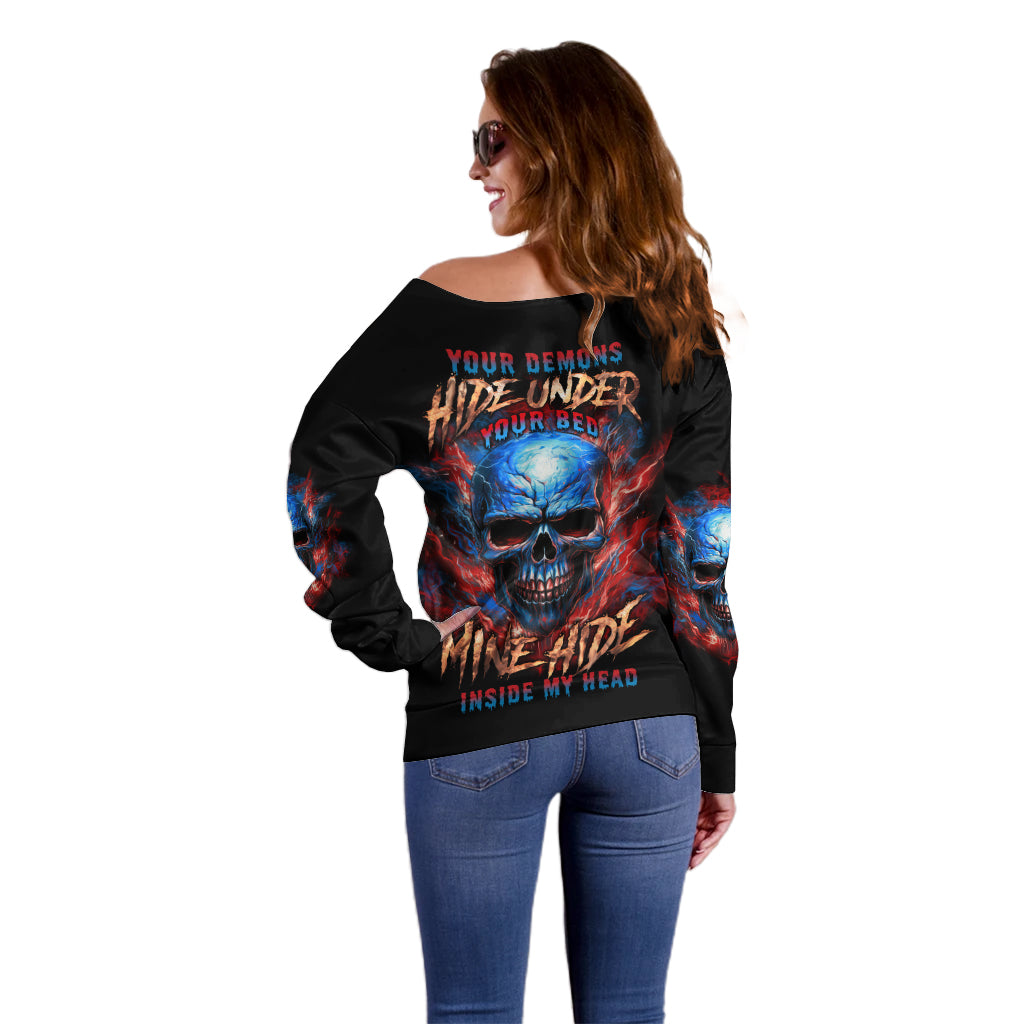 Your Demons Hide Under Your Bed Skull Off Shoulder Sweater - Wonder Print Shop