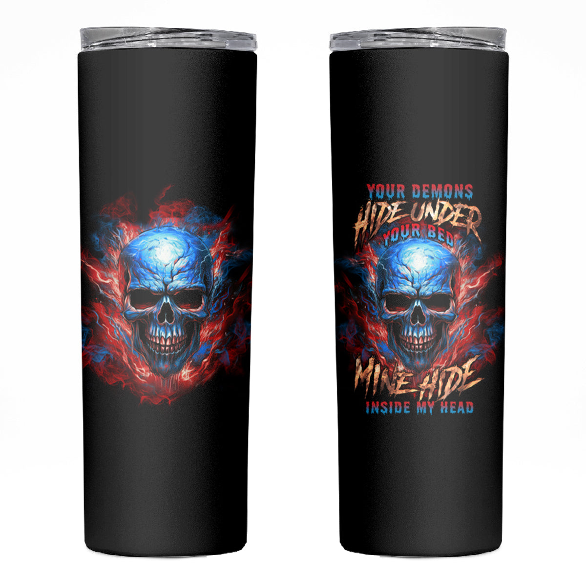 Your Demons Hide Under Your Bed Skull Skinny Tumbler - Wonder Print Shop