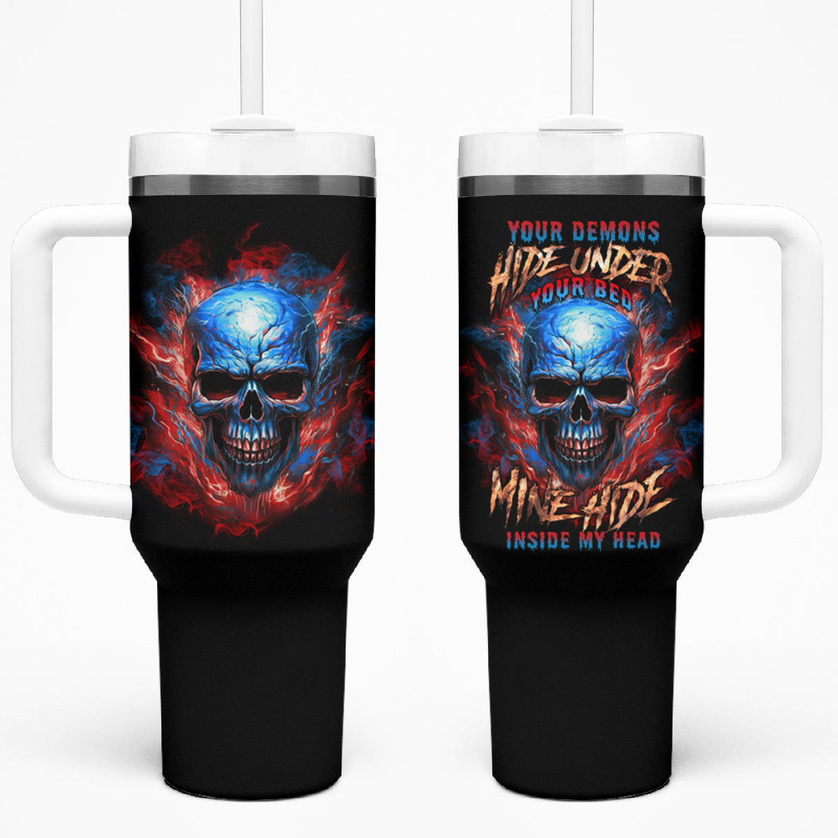 Your Demons Hide Under Your Bed Skull Tumbler With Handle - Wonder Print Shop