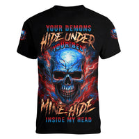 Your Demons Hide Under Your Bed Skull Women V Neck T Shirt - Wonder Print Shop