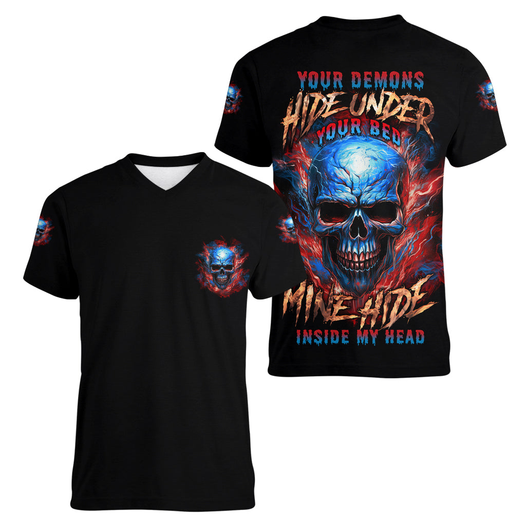 Your Demons Hide Under Your Bed Skull Women V Neck T Shirt - Wonder Print Shop