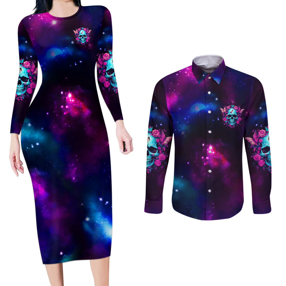 Karma Fairy Skull Galaxy Couples Matching Long Sleeve Bodycon Dress and Long Sleeve Button Shirt - Wonder Print Shop