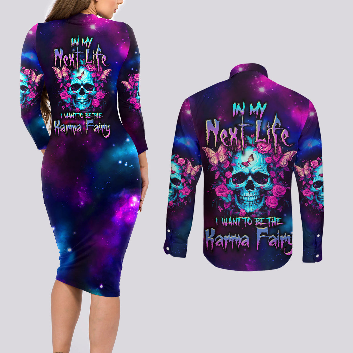 Karma Fairy Skull Galaxy Couples Matching Long Sleeve Bodycon Dress and Long Sleeve Button Shirt - Wonder Print Shop