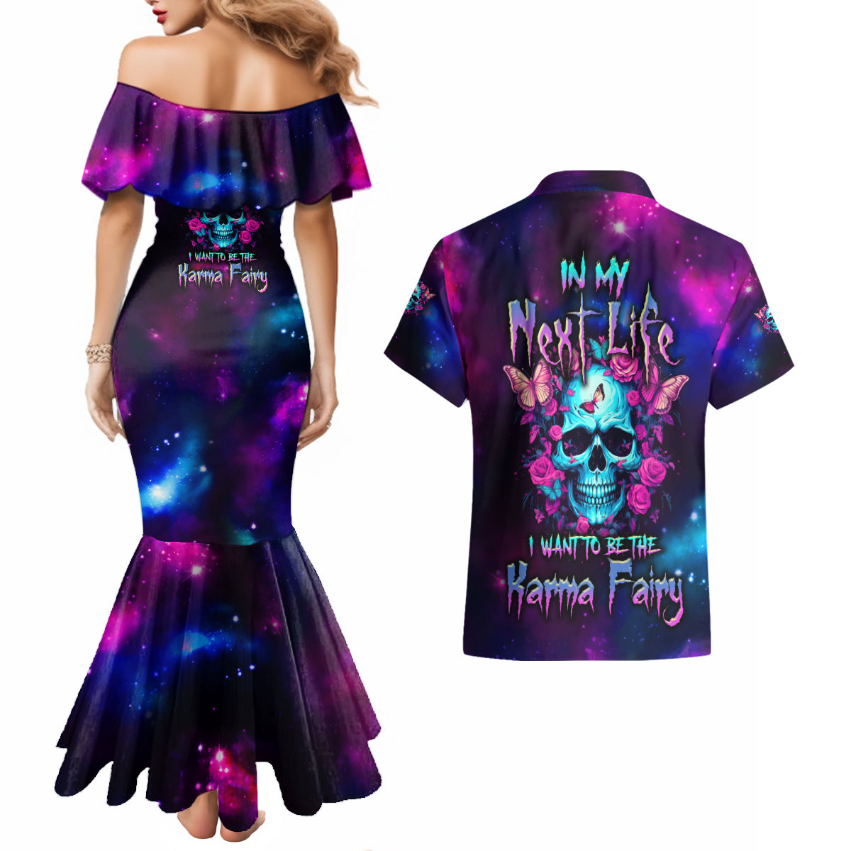 Karma Fairy Skull Galaxy Couples Matching Mermaid Dress and Hawaiian Shirt - Wonder Print Shop