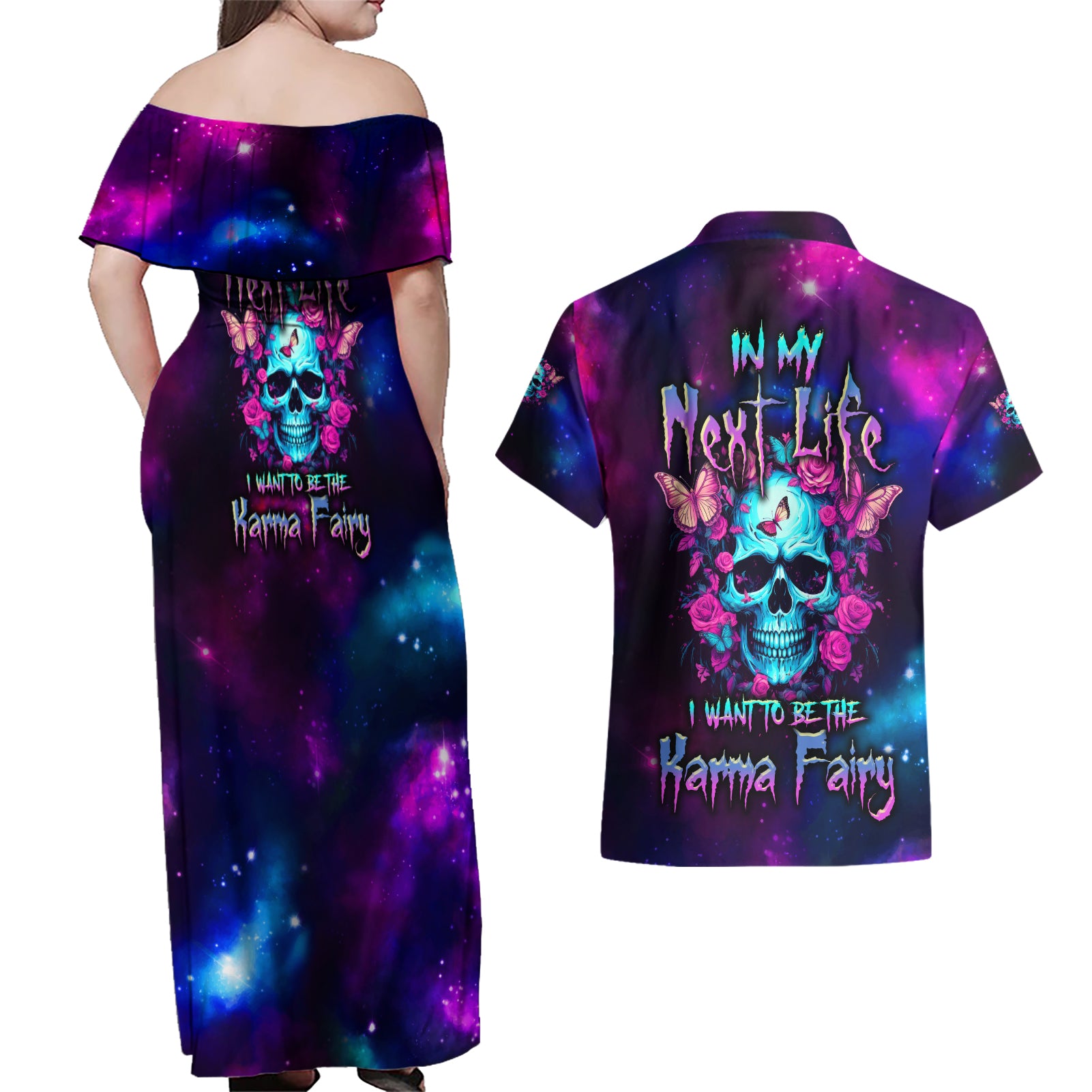 Karma Fairy Skull Galaxy Couples Matching Off Shoulder Maxi Dress and Hawaiian Shirt - Wonder Print Shop