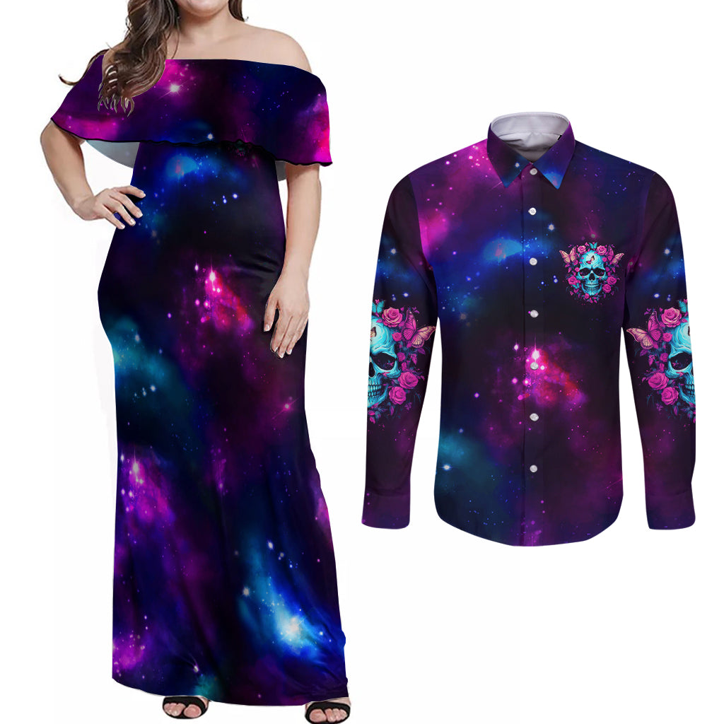 Karma Fairy Skull Galaxy Couples Matching Off Shoulder Maxi Dress and Long Sleeve Button Shirt - Wonder Print Shop