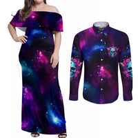 Karma Fairy Skull Galaxy Couples Matching Off Shoulder Maxi Dress and Long Sleeve Button Shirt - Wonder Print Shop